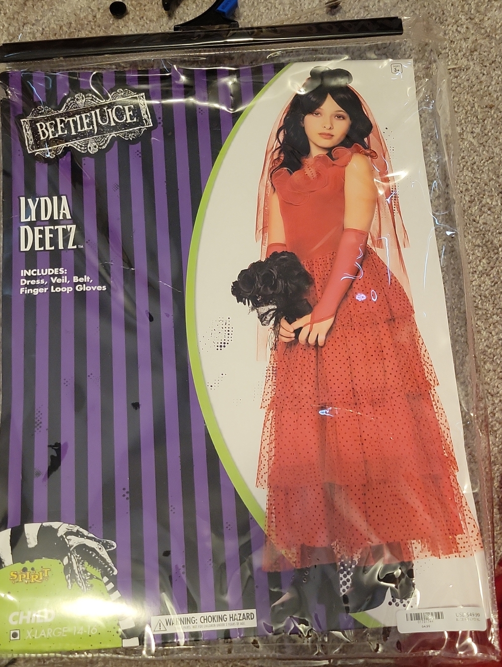 Lydia Deetz Red Kids Costume XL Dress, Veil & Gloves. Wig Included!